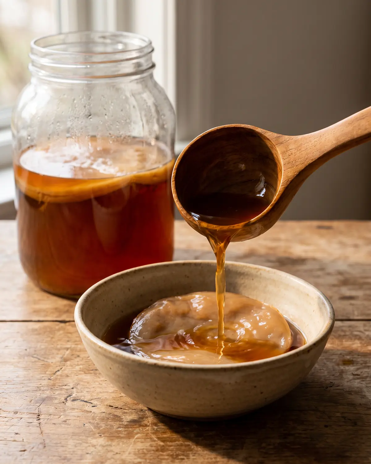 kombucha per dimagrire Liquido madre versato in una ciotola beige, con barattolo e SCOBY sfocati sullo sfondo