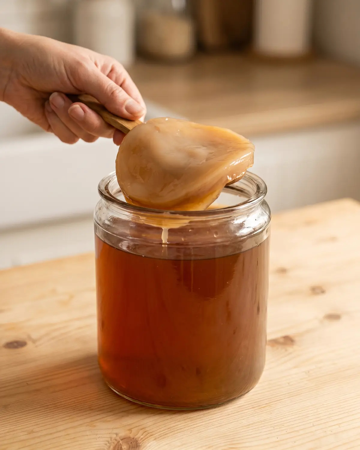 Mano che solleva lo SCOBY da un barattolo di kombucha con un cucchiaio di legno durante la fermentazione.