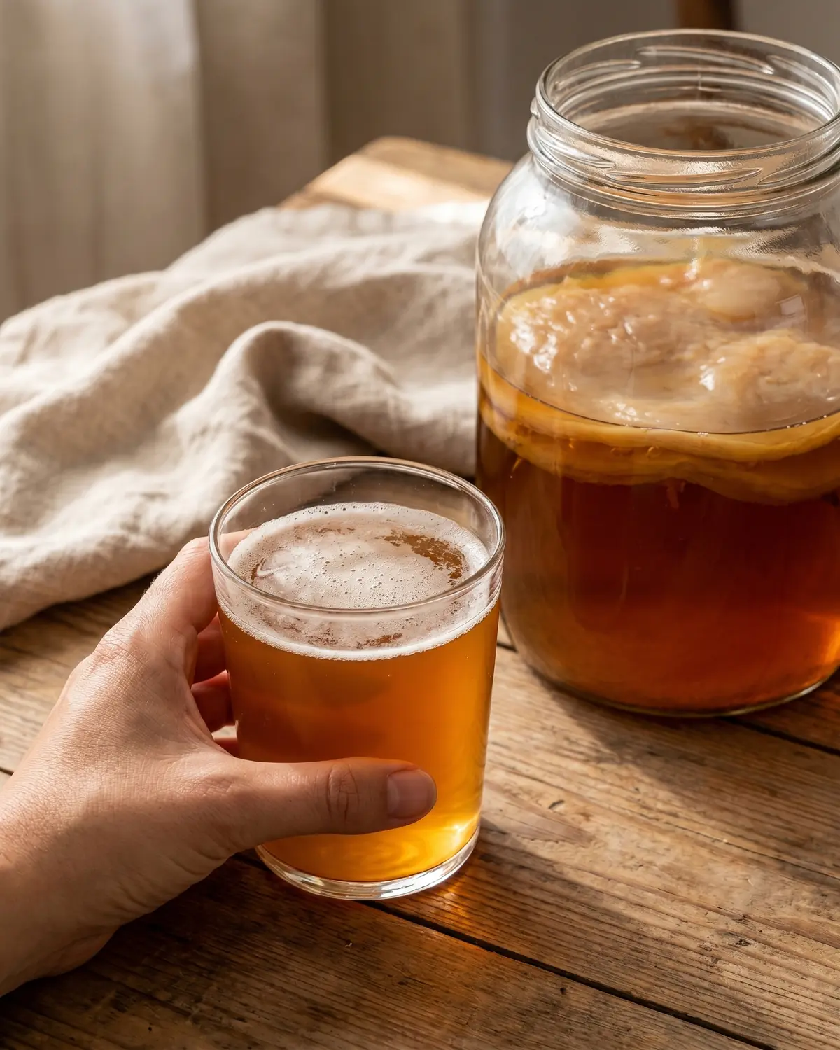 kombucha calorie Mano che tiene un bicchiere di kombucha ambrata con leggera schiuma davanti a lino naturale.