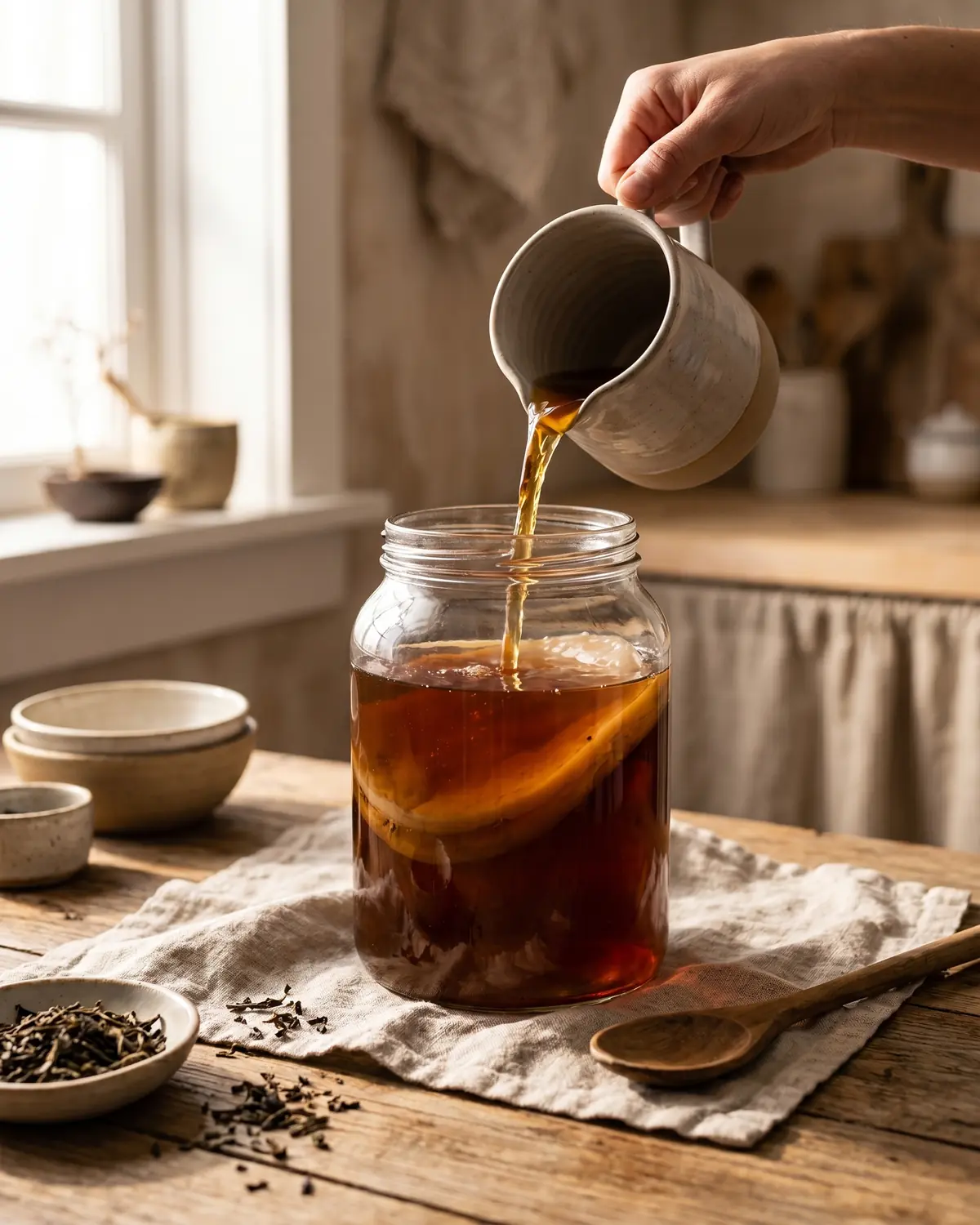 Mano che versa t&egrave; freddo nel barattolo con liquido madre e SCOBY beige sul fondo