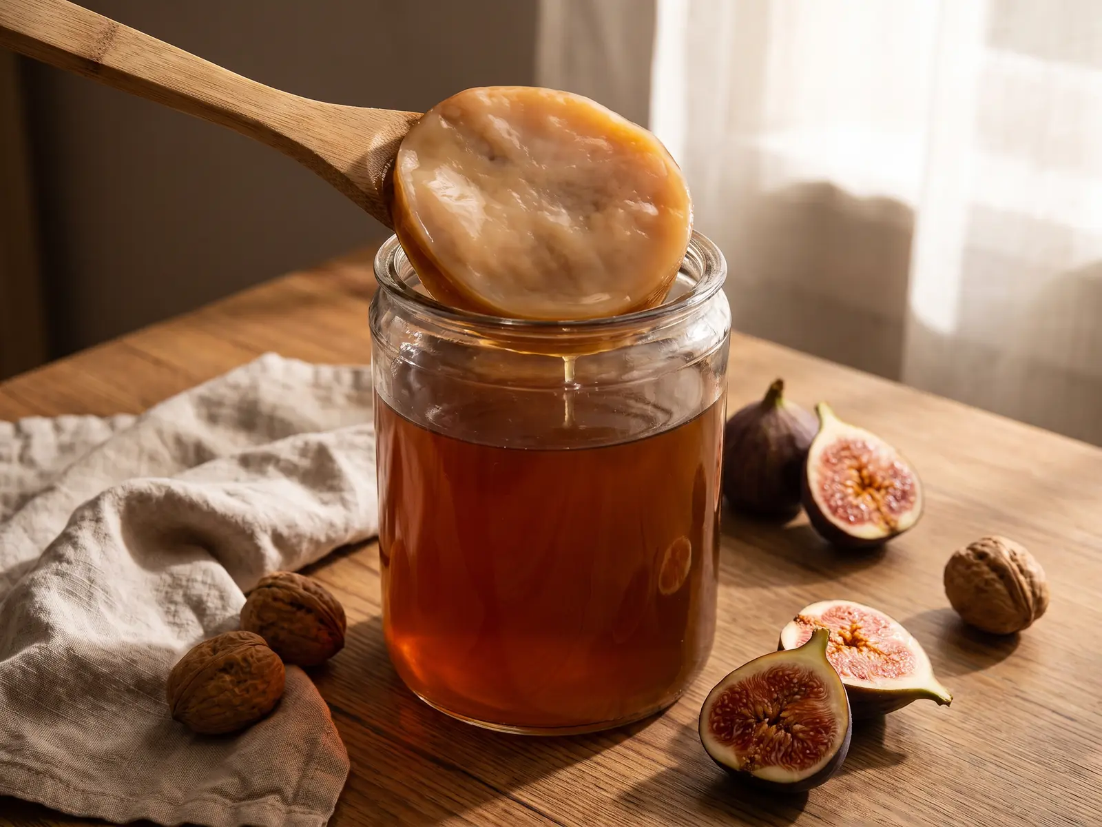 kombucha per dimagrire Pranzo autunnale con barattolo di SCOBY, fichi aperti, noci e tovagliolo di lino grezzo