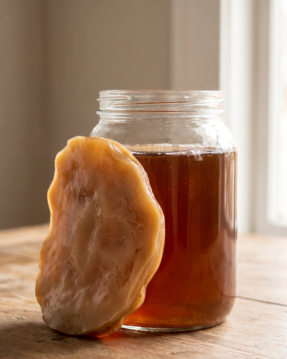 scoby kefir Profilo verticale di uno SCOBY irregolare appoggiato al vetro, con bordo ondulato e tè scuro dietro.