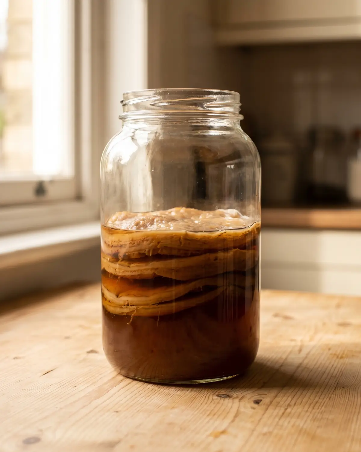 Barattolo grande con diversi SCOBY sovrapposti immersi in liquido madre per conservare la coltura