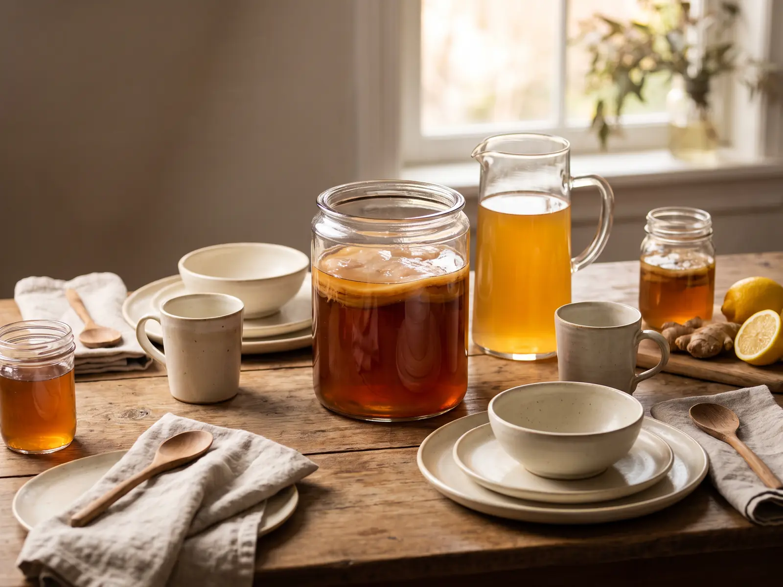 kefir kombucha & co Tavola apparecchiata per due con caraffa di vetro, barattolo con SCOBY e ceramiche color crema.