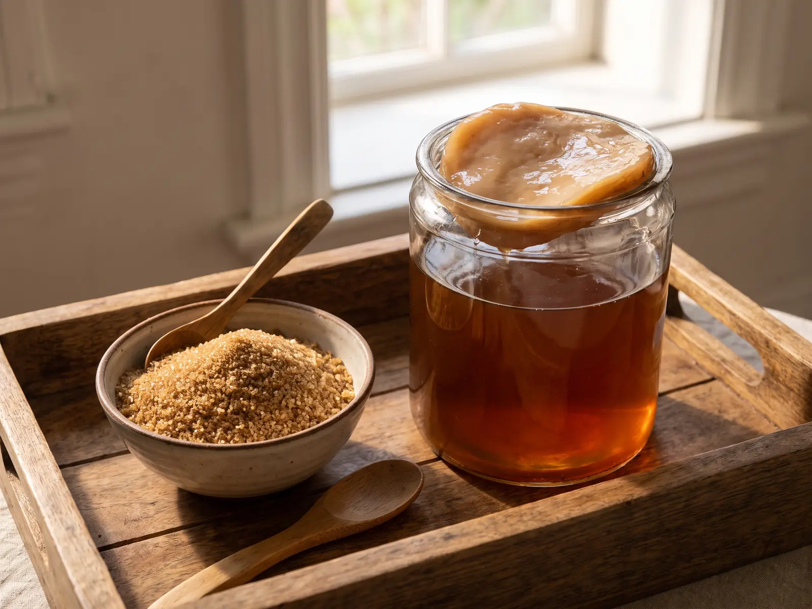 kombucha fegato Vassoio di legno con barattolo di SCOBY, zucchero di canna e cucchiaio per preparare kombucha in casa