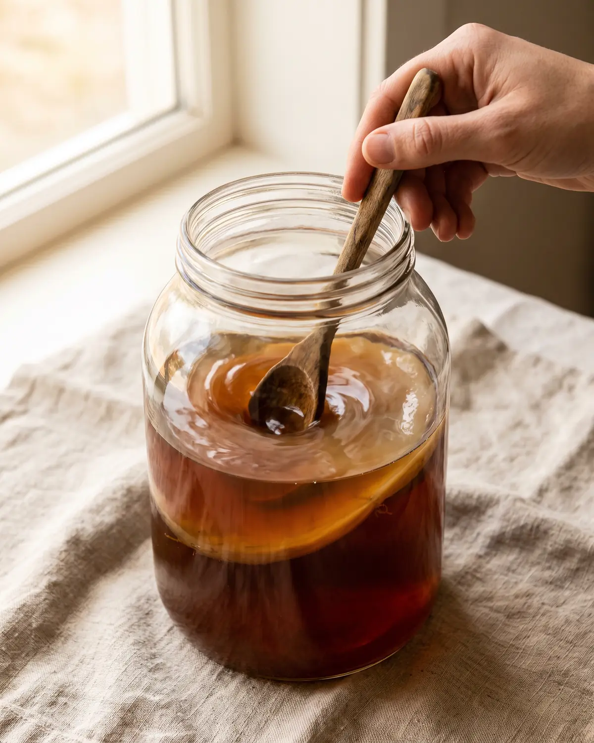kombucha fegato Mano che ruota delicatamente un barattolo su lino mentre lo SCOBY crea un vortice sotto la superficie