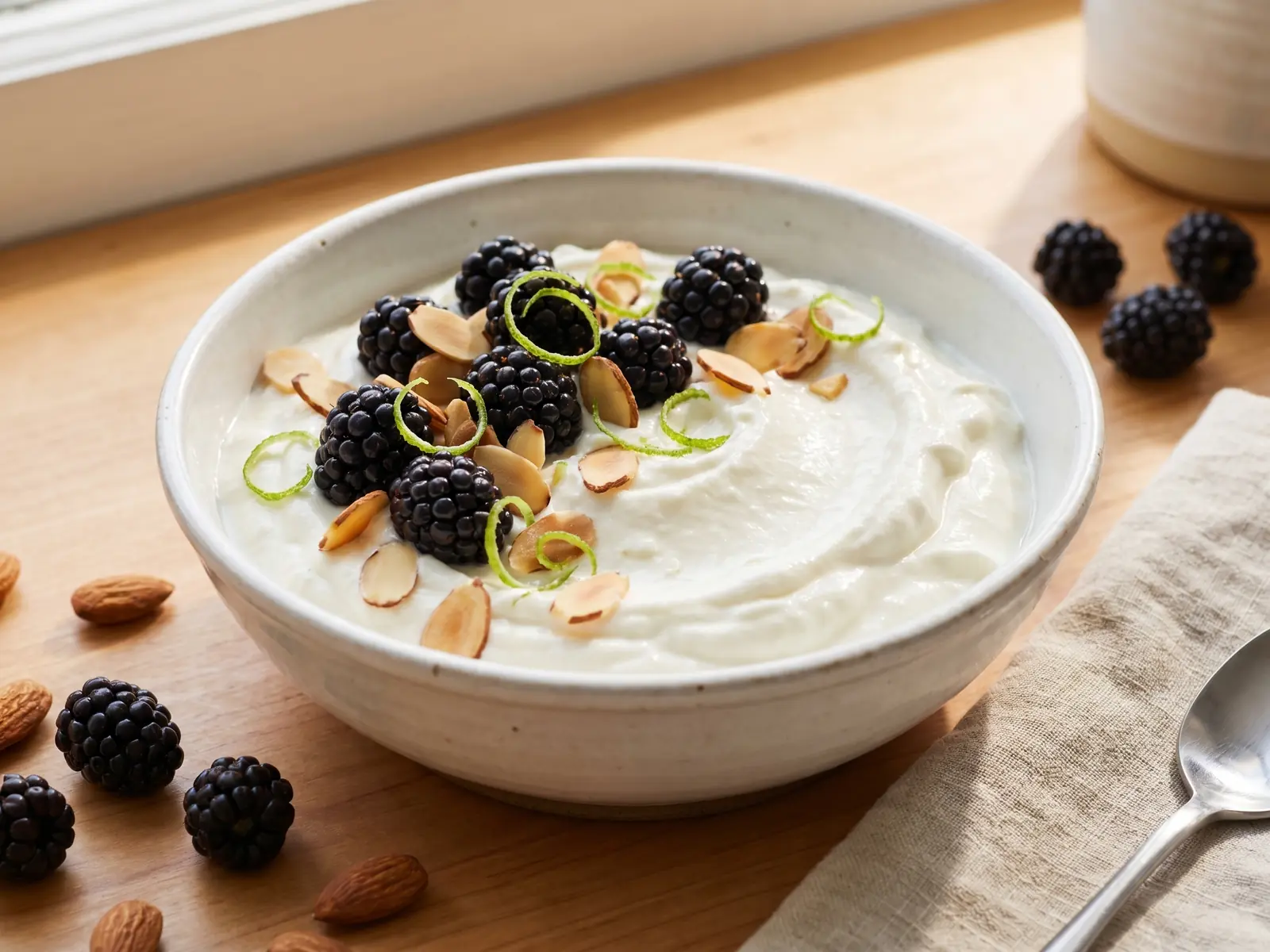 Ciotola di yogurt con more, mandorle laminate e scorza di lime illuminata da luce naturale.