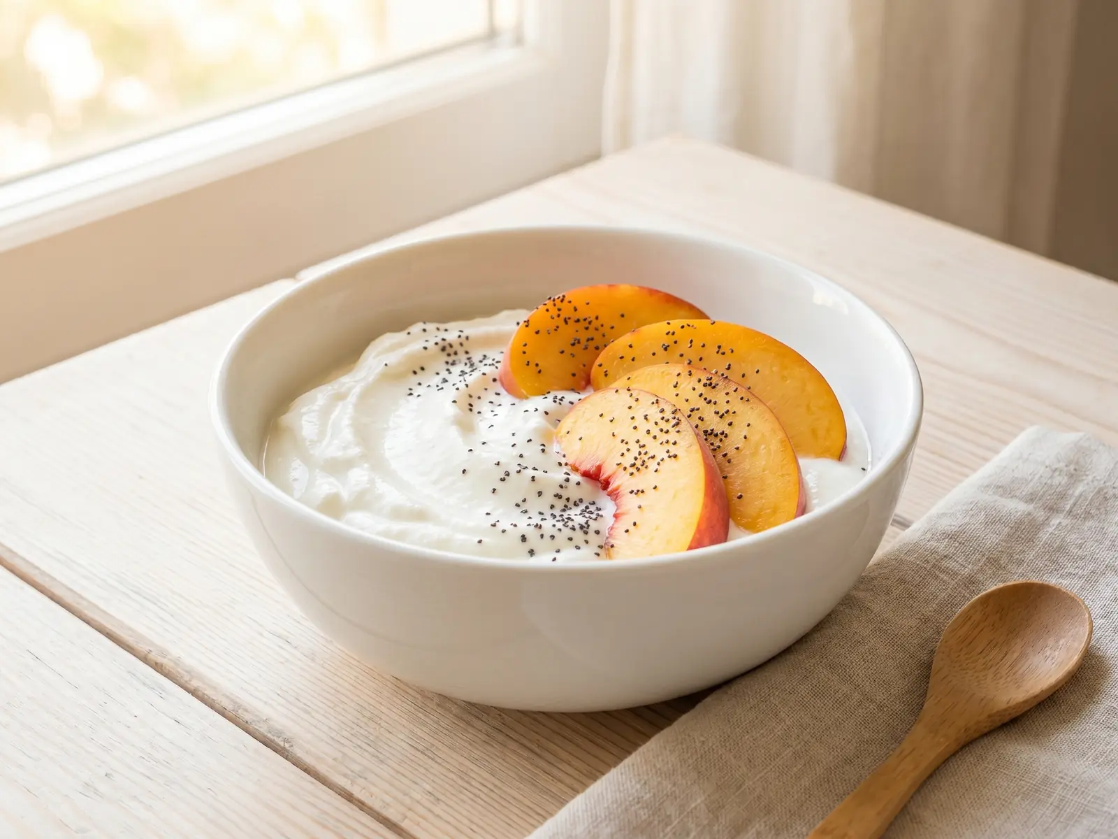 differenza kefir e yogurt Ciotola di yogurt con melocotone e semi di papavero su un piano chiaro in una scena estiva