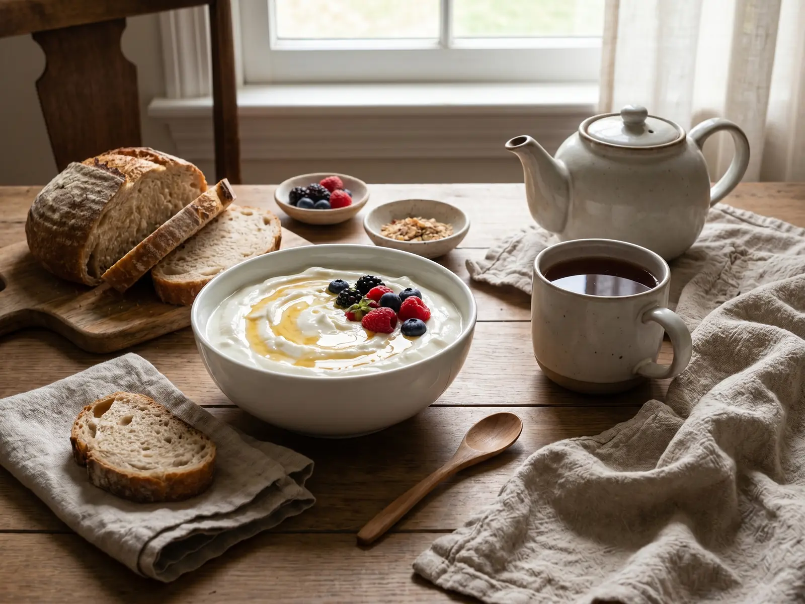 yogurt fatto in casa Ciotola di yogurt su tavola da colazione con tè, pane rustico e lino naturale accanto.