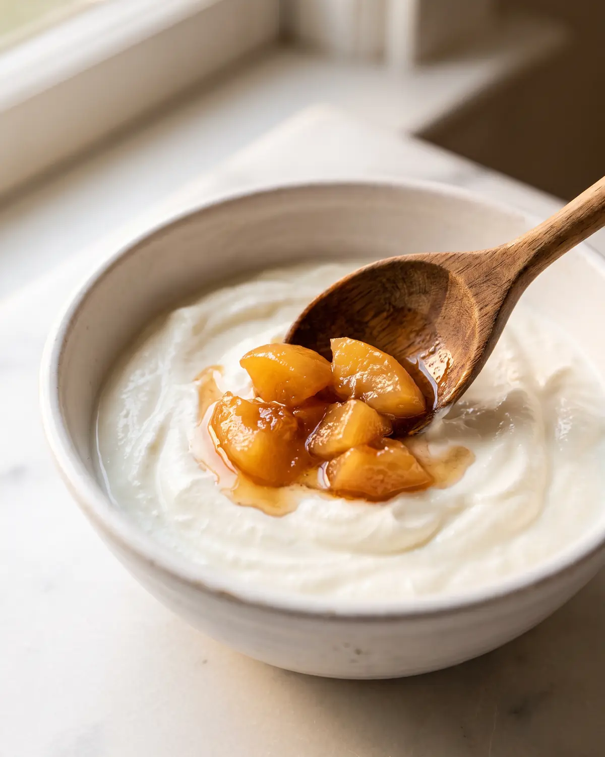 yogurt kefir conad Cucchiaio di legno con cotogna cotta che sfiora yogurt bianco su una superficie di marmo opaco.