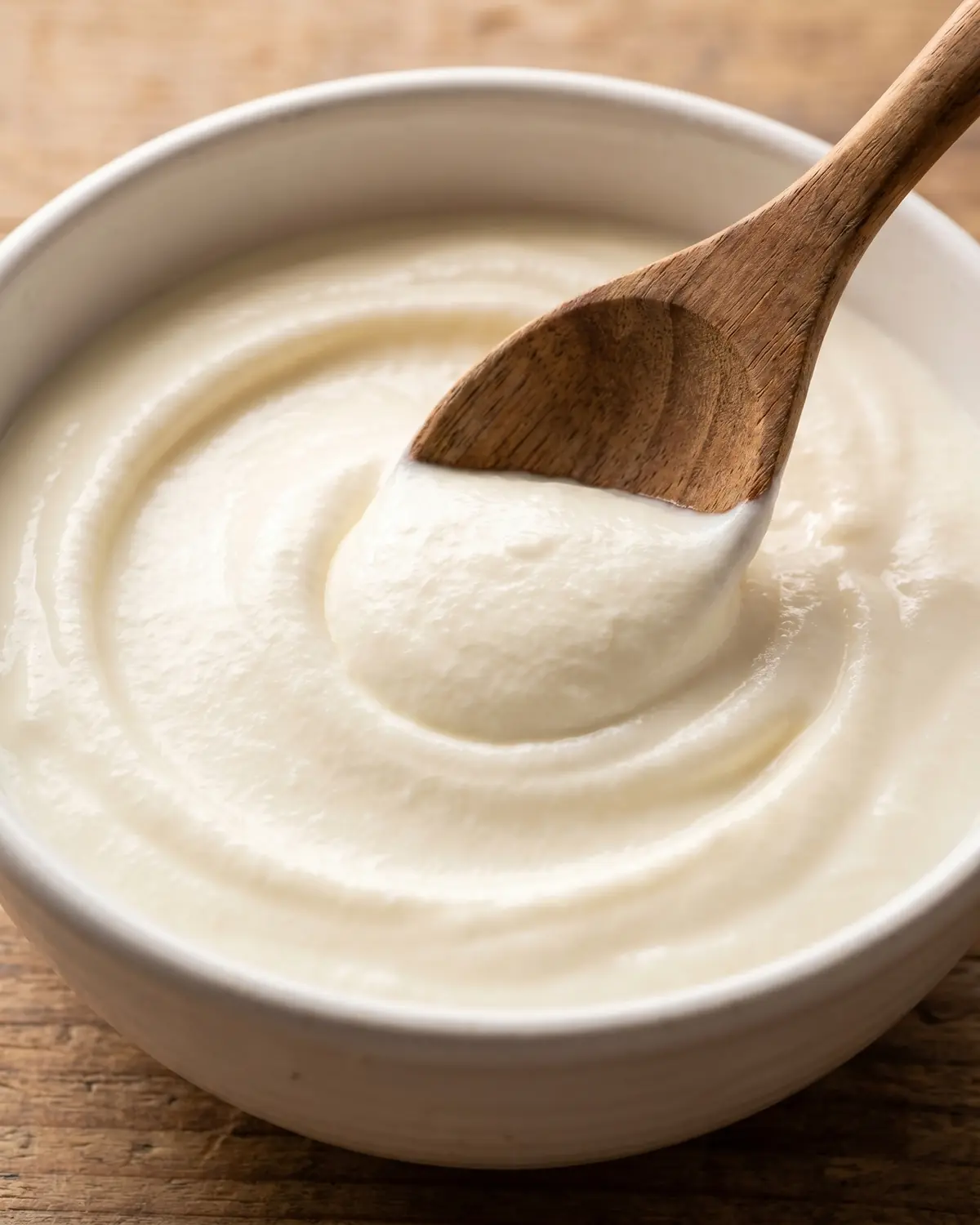 yogurt e kefir insieme Cucchiaio di legno che traccia un cerchio nello yogurt denso dentro una ciotola di ceramica bianca.