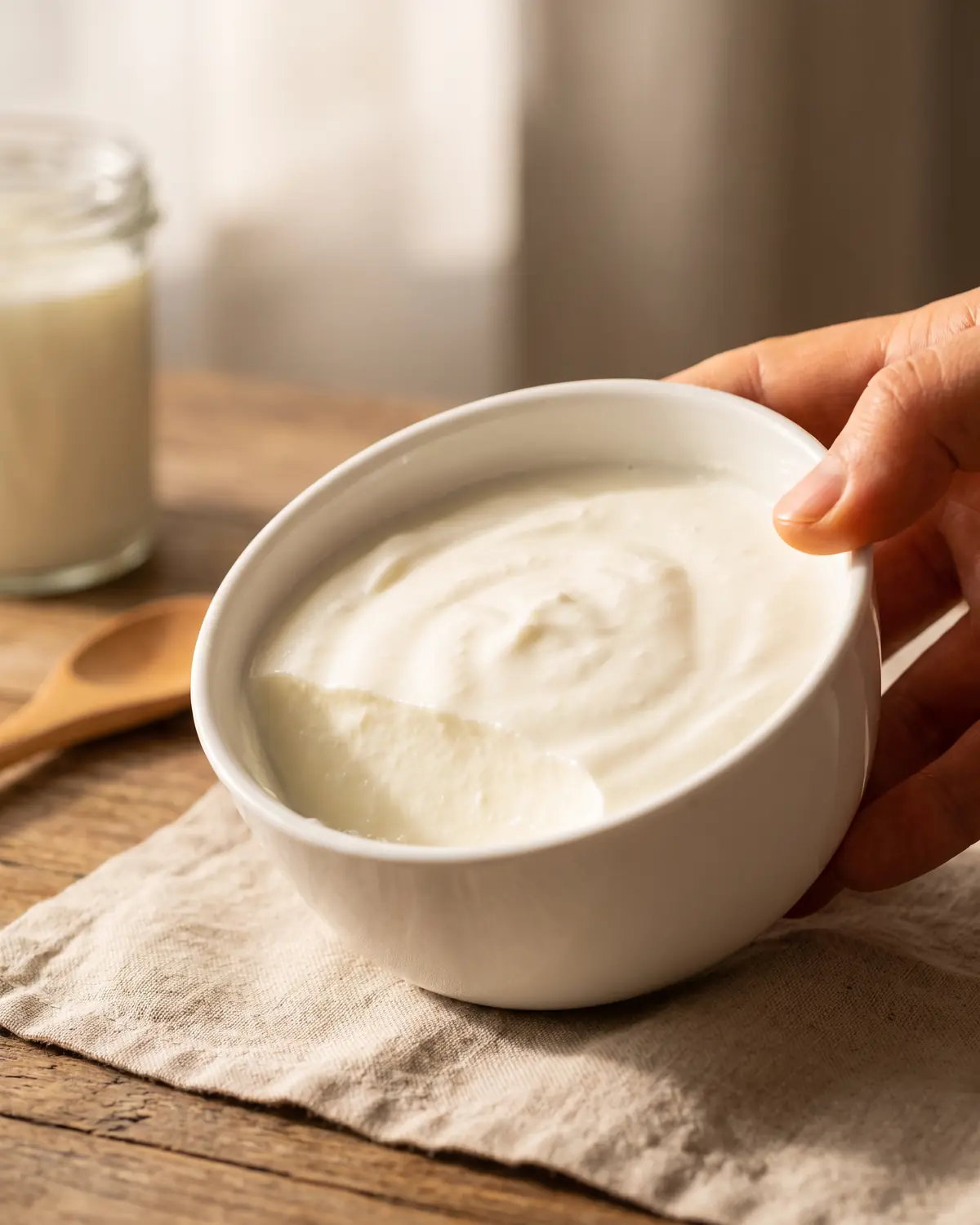 kefir o yogurt greco calorie Ciotola bianca inclinata con yogurt compatto che mantiene il bordo pulito tra le dita in primo piano