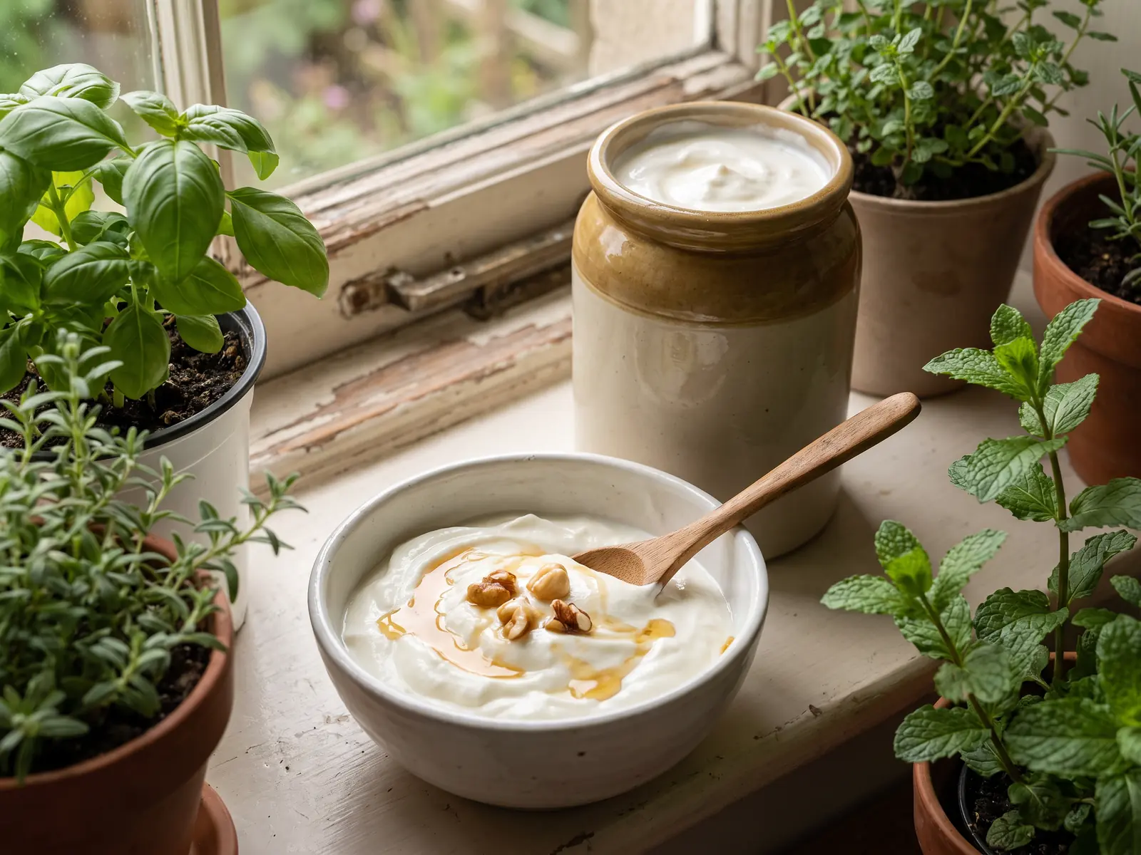 yogurt e kefir insieme Barattolo di yogurt vicino alla finestra, ciotola servita in primo piano e piante verdi sullo sfondo.