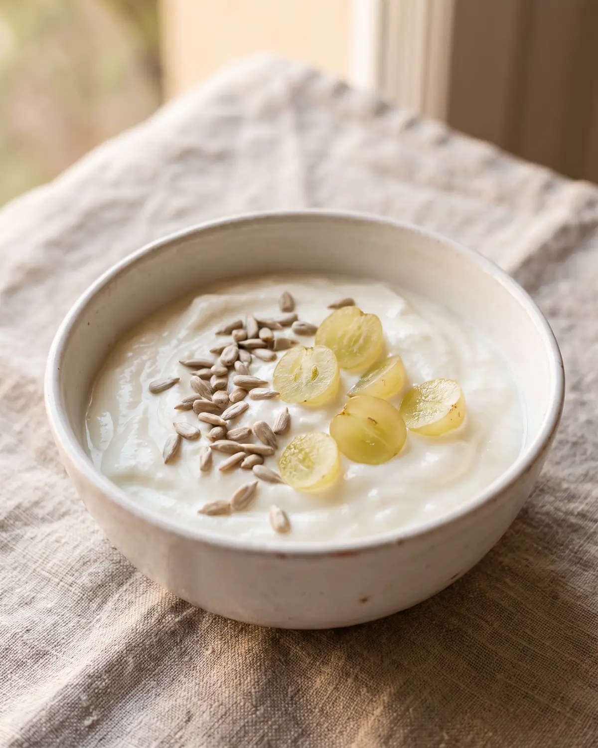 differenza kefir e yogurt Yogurt con semi di girasole, uva bianca tagliata e lino sullo sfondo in una composizione naturale