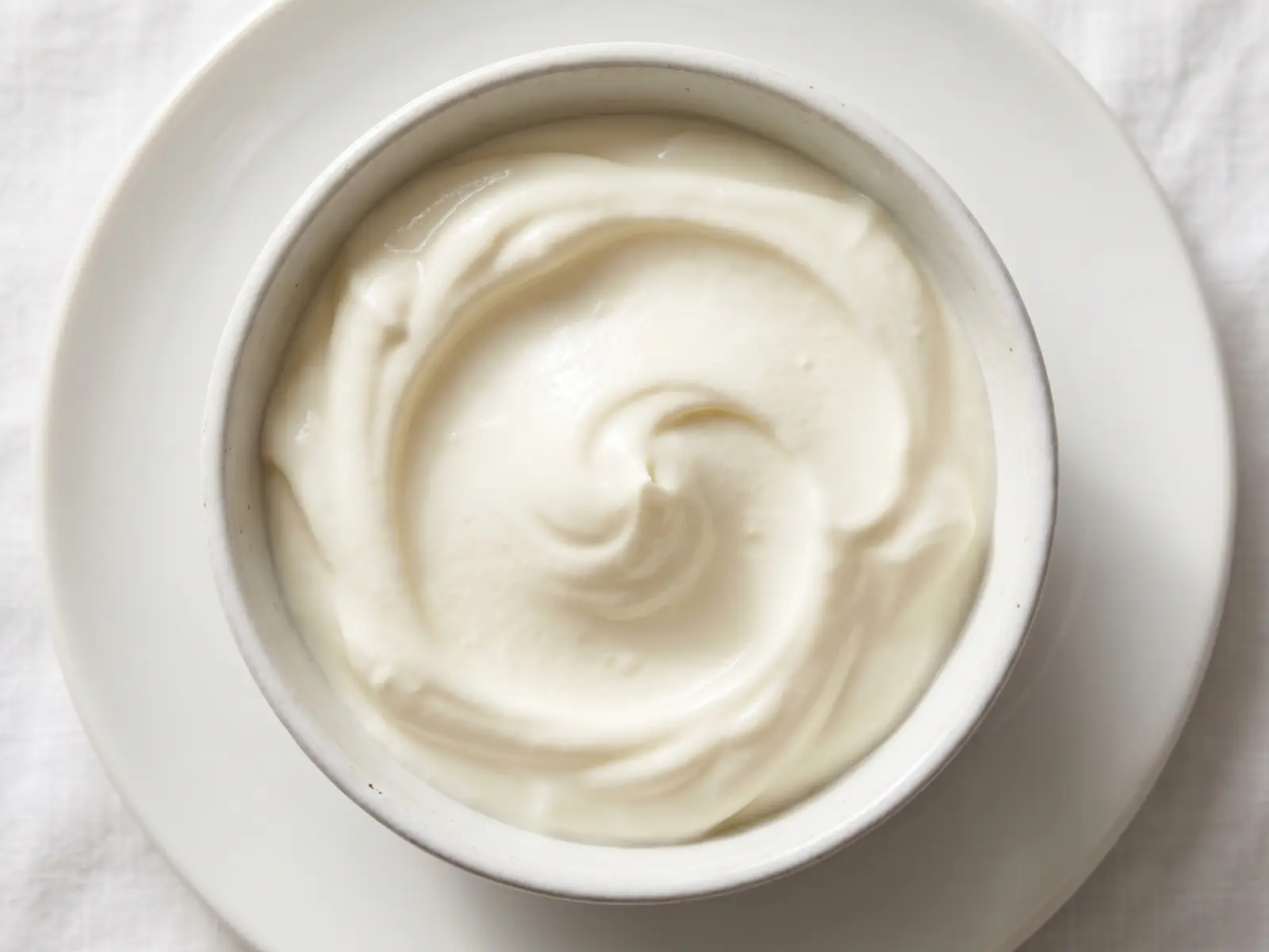 yogurt con fermenti lattici vivi supermercato Macro di yogurt bianco in un piatto, con una spirale cremosa illuminata dall’alto e texture morbida.