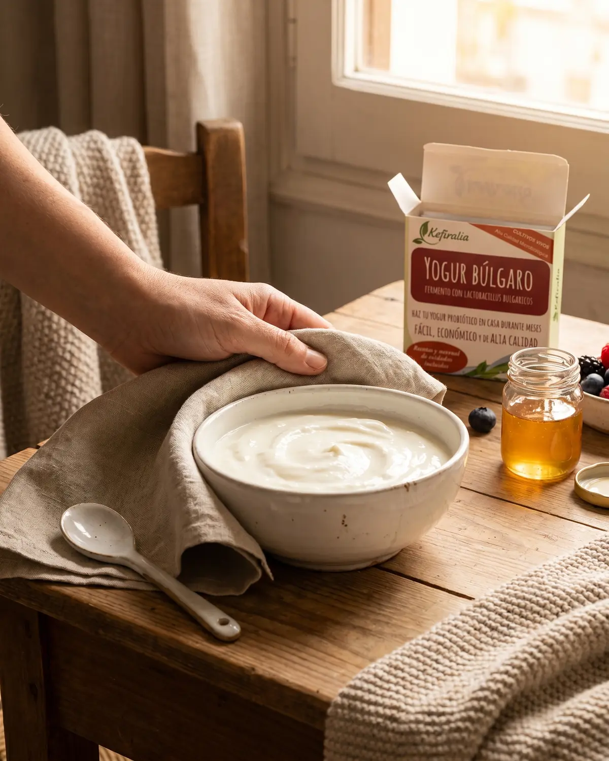 Mano che avvolge con un tovagliolo di lino una ciotola di yogurt, in una scena domestica senza volto.