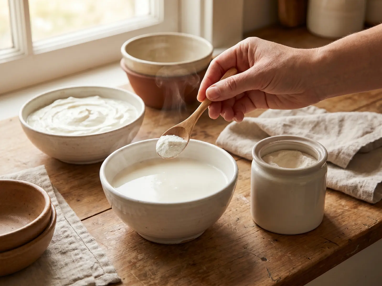 Mano che aggiunge yogurt madre al latte tiepido in una ciotola bianca durante la preparazione casalinga
