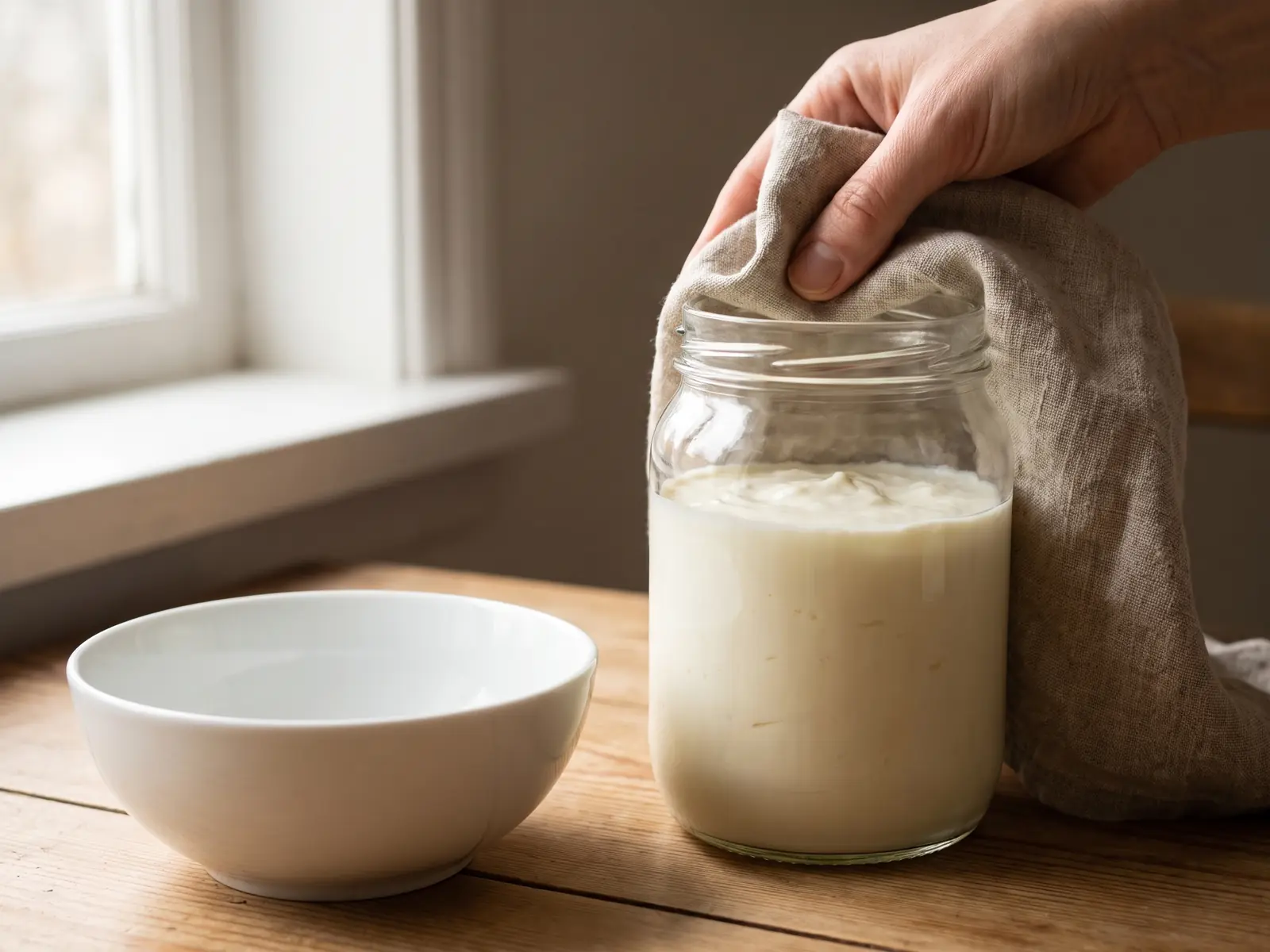 kefir o yogurt greco calorie Mano che pulisce il bordo di un barattolo pieno di yogurt accanto a un ciotola bianco su lino grezzo