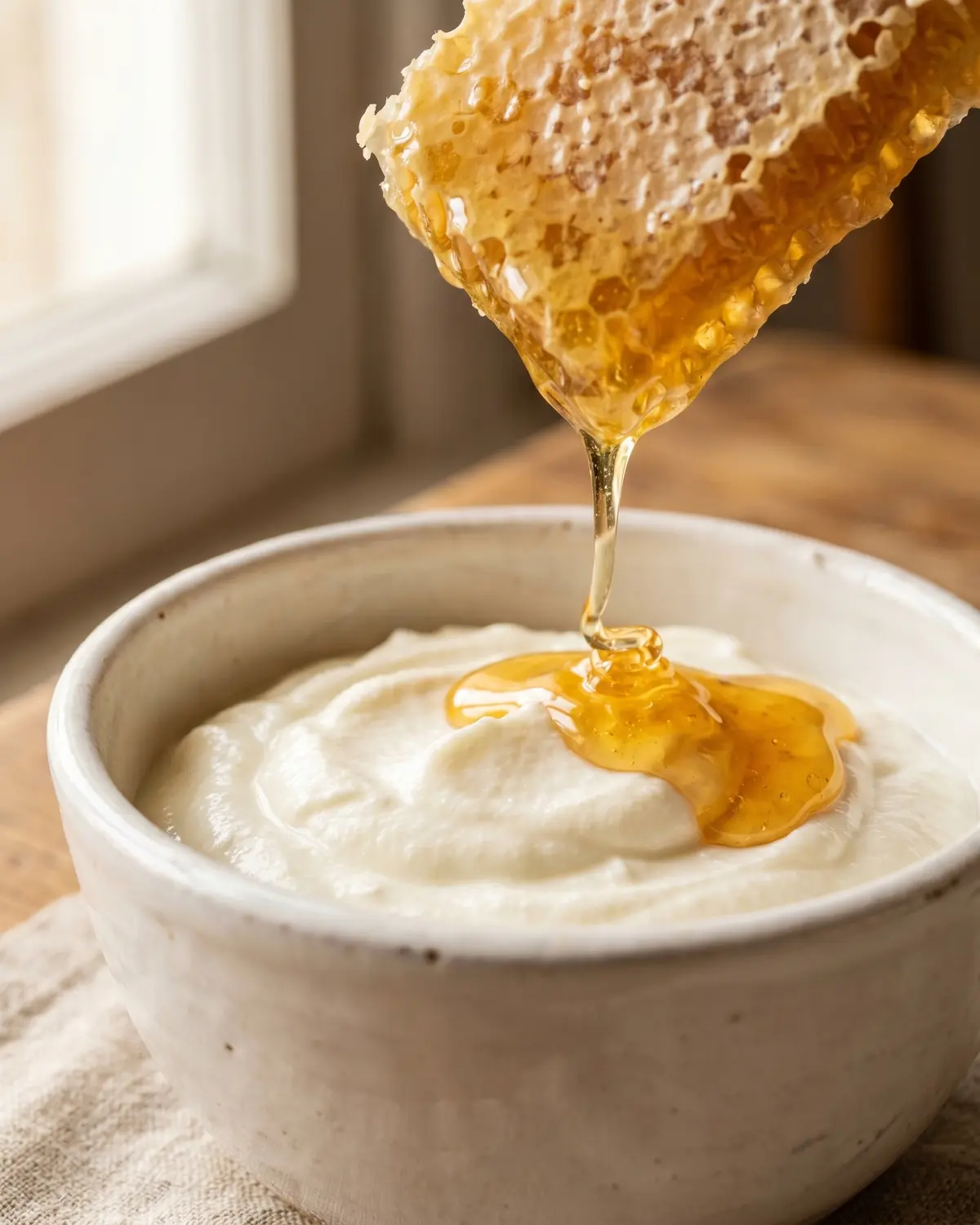 Miele su un piccolo panale accanto a yogurt bianco in una composizione ravvicinata e verticale.