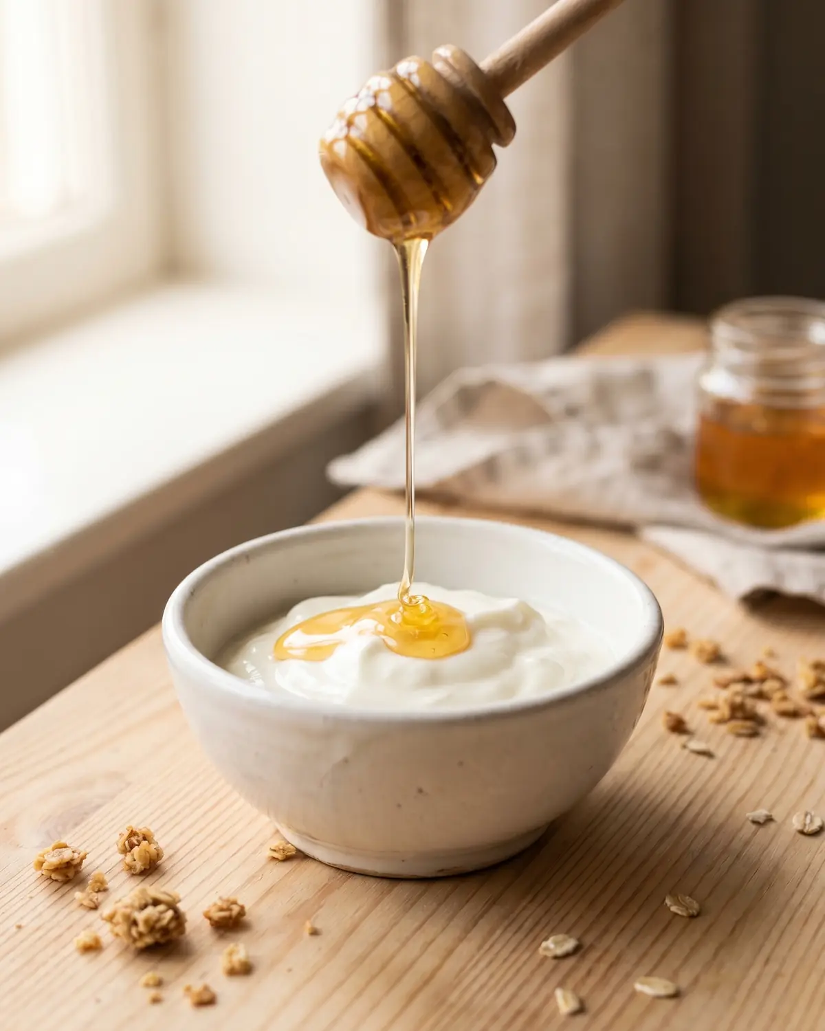 yogurt con fermenti lattici vivi supermercato Primo piano di miele dorato che cade su yogurt bianco in una ciotola, con superficie lucida e cremosa.