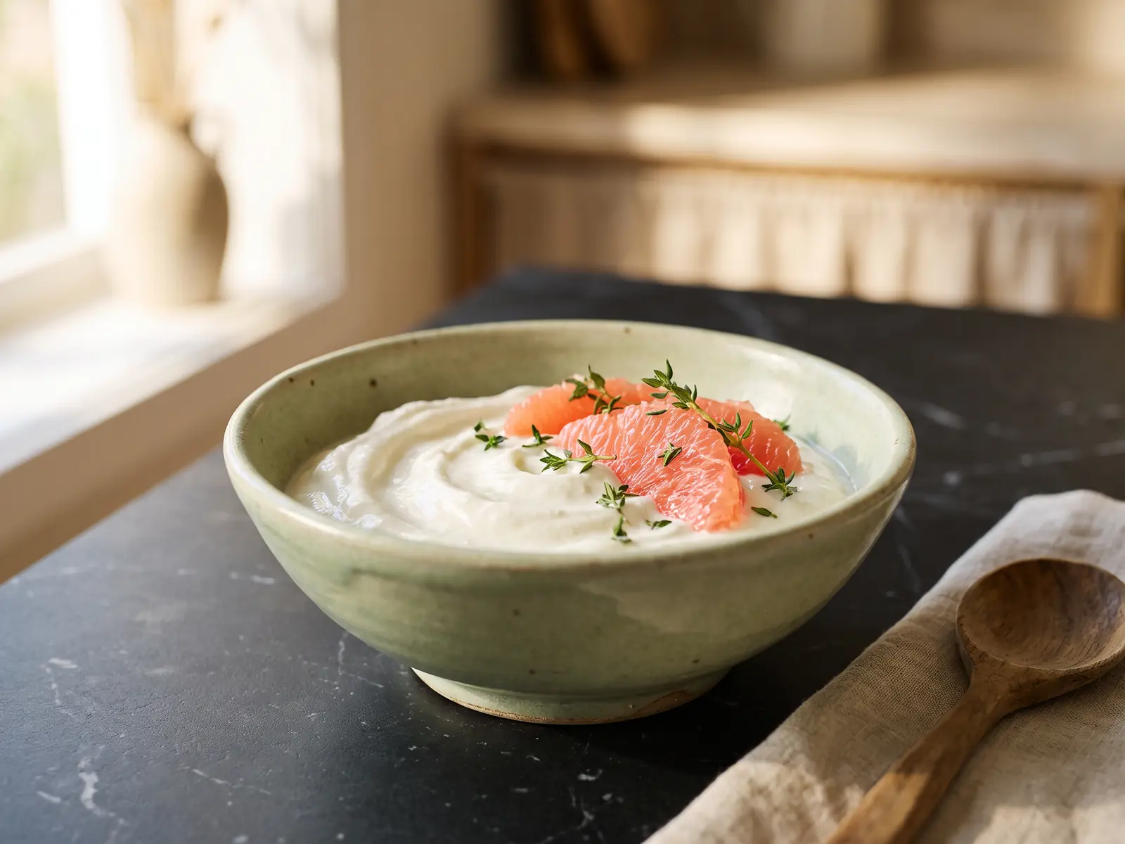 yogurt kefir fa bene Yogur denso in una ciotola verde chiaro su marmo nero, con pompelmo rosa e timo fresco accanto.