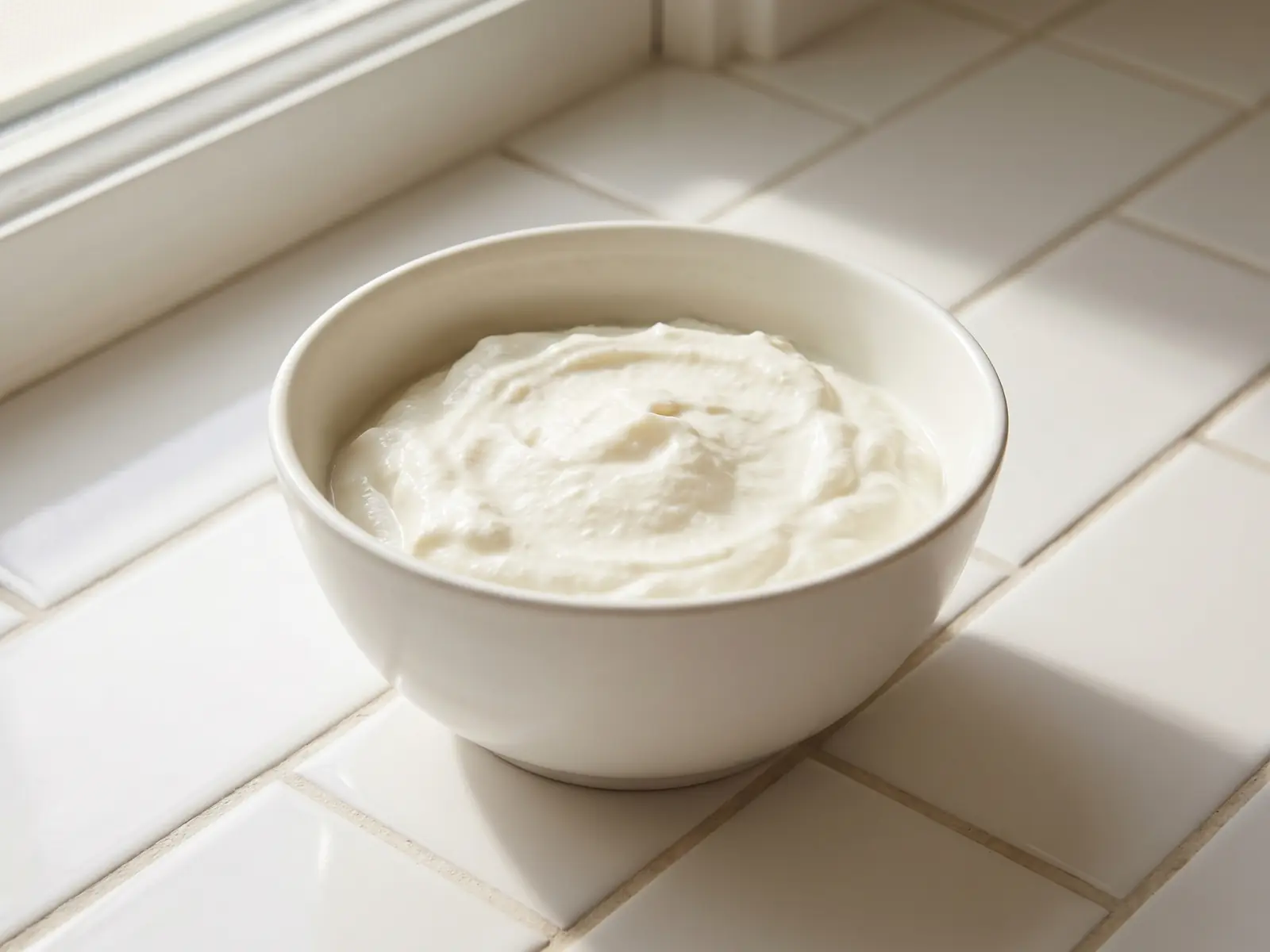 meglio yogurt o kefir Ciotola bianca con yogurt naturale su piastrelle chiare, illuminata da una morbida luce di finestra.