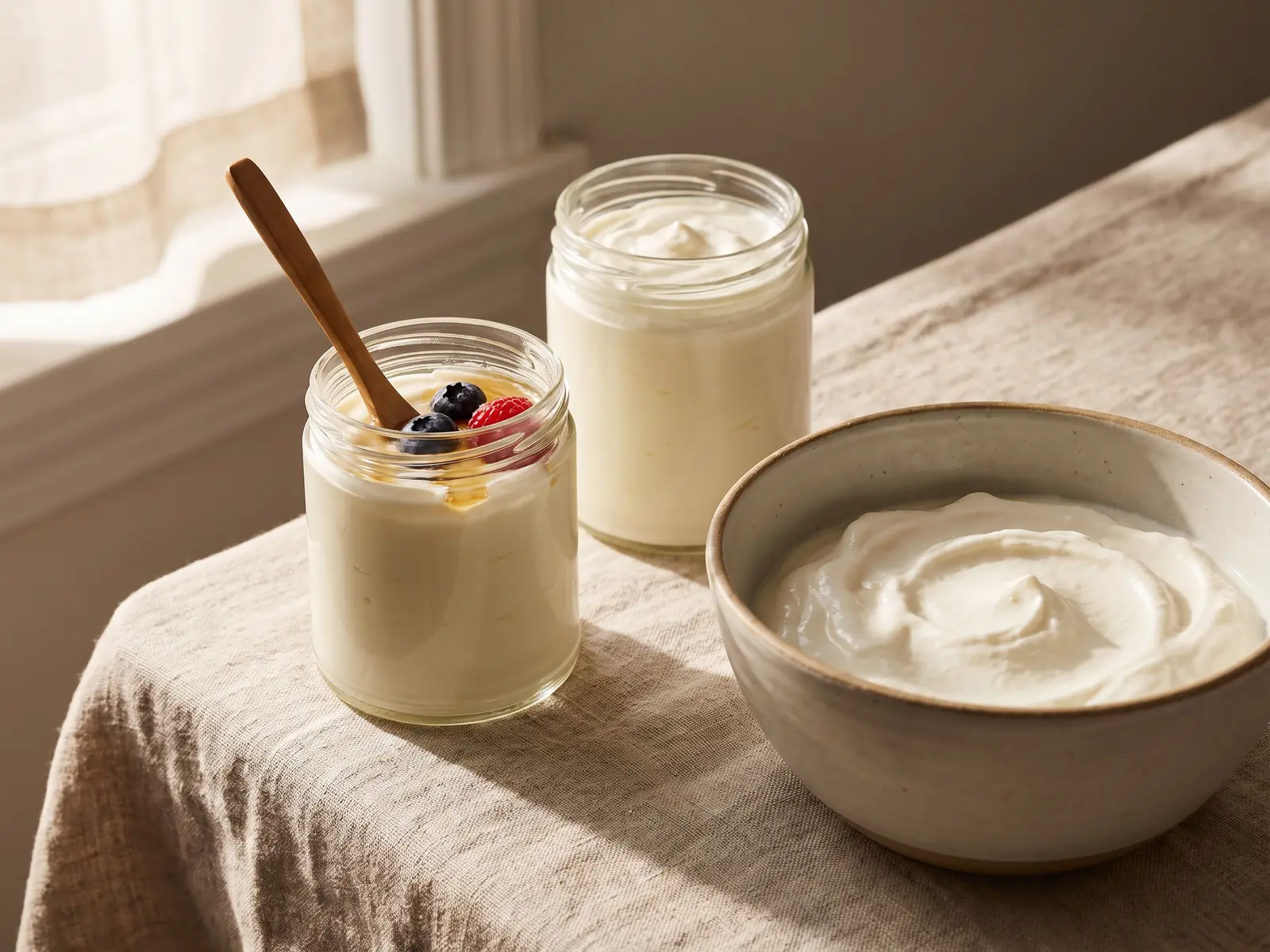 yogurt greco e kefir differenza Due recipienti di yogurt su una tovaglia cruda, con barattolo di vetro e ciotola bianca in una scena naturale.
