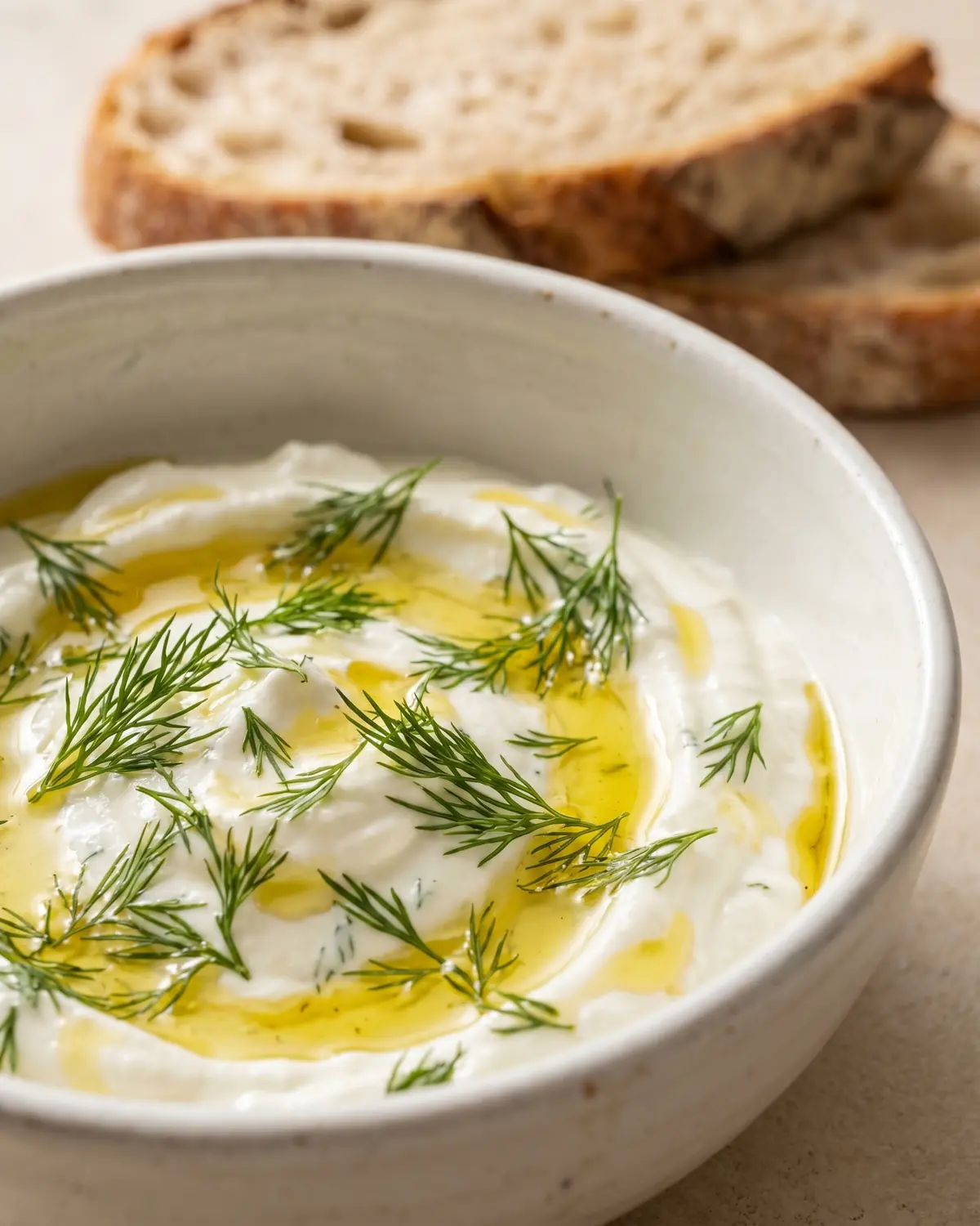 Yogurt salato con aneto e olio delicato, servito con pane rustico sfocato sullo sfondo.