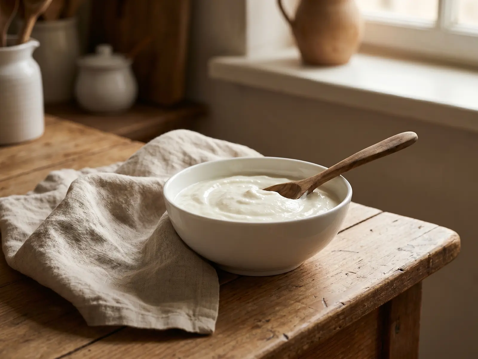 differenza tra yogurt e kefir Ciotola di yogurt su un tavolo da cucina con lino chiaro e cucchiaio di legno in una scena domestica