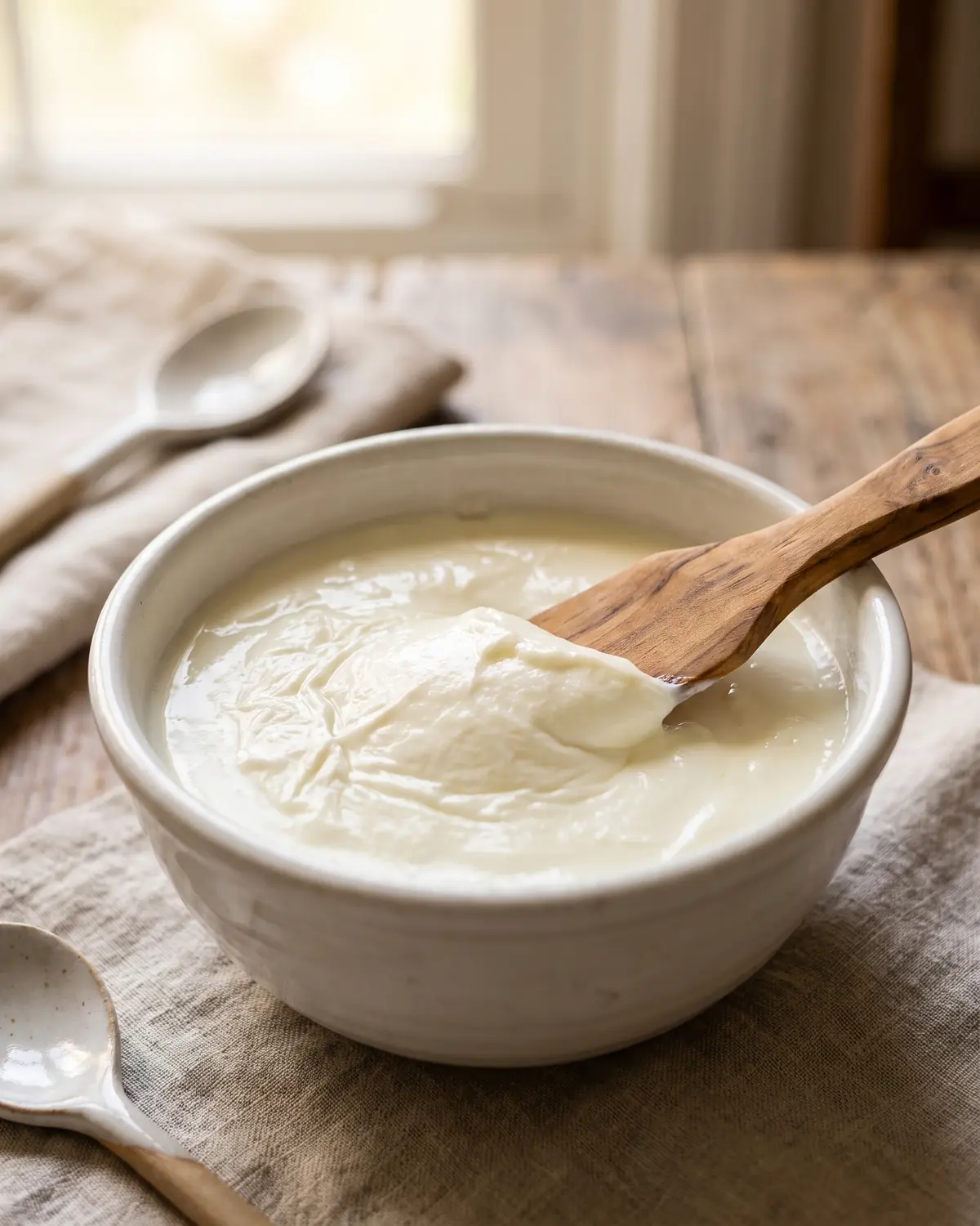 differenza kefir e skyr Superficie di yogurt cagliato aperta da una spatola di legno, con consistenza compatta e poco siero.