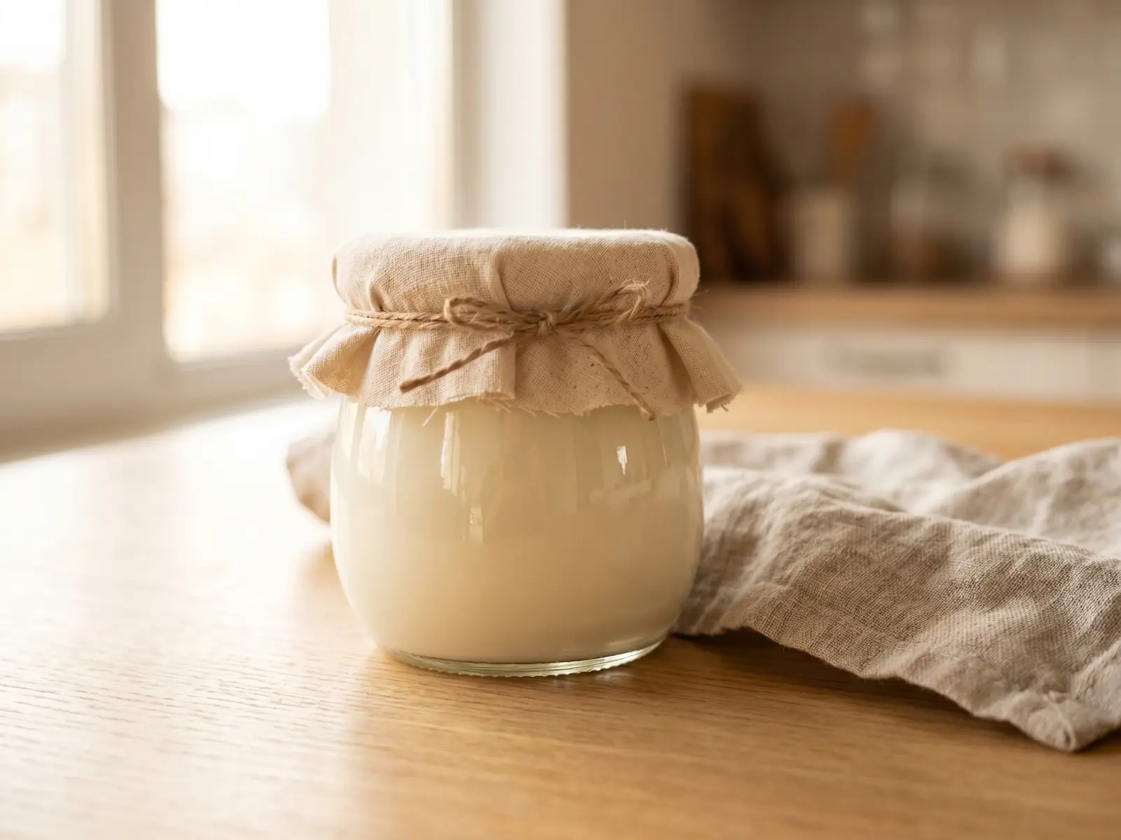 Vasetto di vetro con yogurt fatto in casa, coperto da tessuto e cordel su un piano rustico.