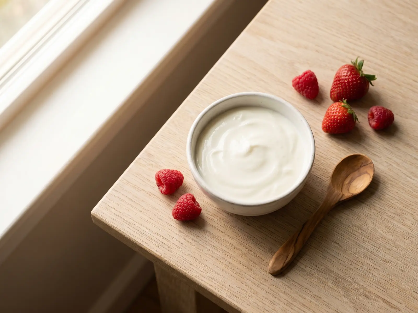 differenza kefir e skyr Vista dall’alto di una ciotola bianca con yogurt cremoso e cucchiaio di legno su superficie chiara.