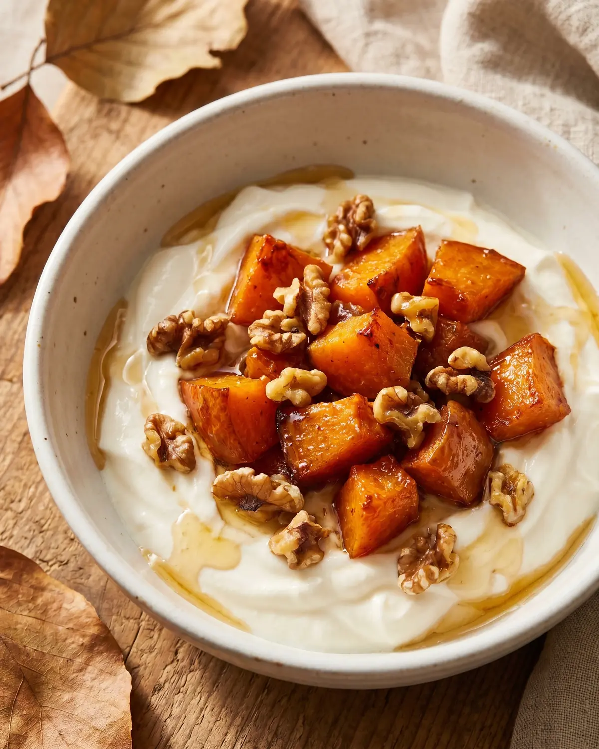yogurt greco e kefir differenza Yogurt con zucca arrostita e noci su ceramica bianca, in una composizione autunnale dai toni morbidi.